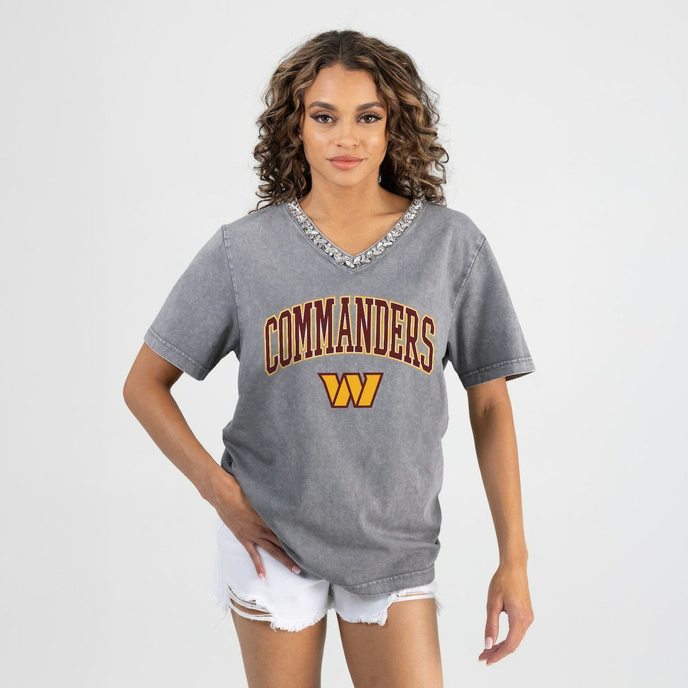 Washington Commanders Gameday Couture Women's Relaxed Iconic Edge Rhinestone V-Neck T-Shirt