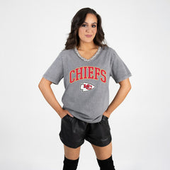 Kansas City Chiefs Gameday Couture Women's Relaxed Iconic Edge Rhinestone V-Neck T-Shirt