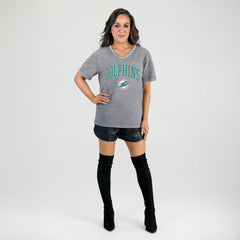 Miami Dolphins Gameday Couture Women's Relaxed Iconic Edge Rhinestone V-Neck T-Shirt