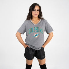 Miami Dolphins Gameday Couture Women's Relaxed Iconic Edge Rhinestone V-Neck T-Shirt