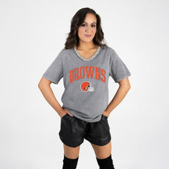Cleveland Browns Gameday Couture Women's Relaxed Iconic Edge Rhinestone V-Neck T-Shirt