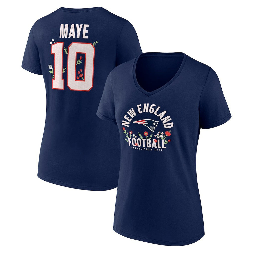New England Patriots Drake Maye Women's Floral Name & Number V-Neck T-Shirt