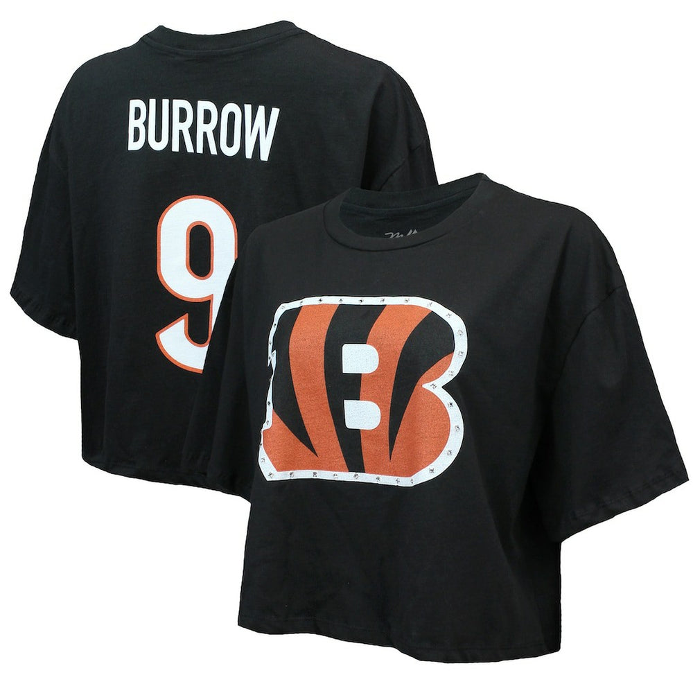 Cincinnati Bengals Joe Burrow Majestic Threads Women's Swarovski Crystals Boxy Cropped Name & Number T-Shirt