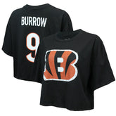 Cincinnati Bengals Joe Burrow Majestic Threads Women's Swarovski Crystals Boxy Cropped Name & Number T-Shirt