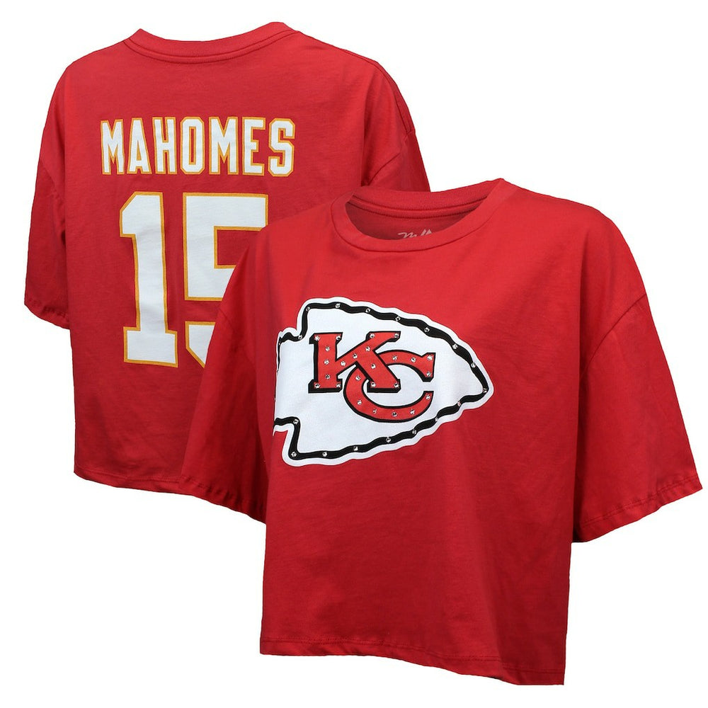 Kansas City Chiefs Patrick Mahomes Majestic Threads Women's Swarovski Crystals Boxy Cropped Name & Number T-Shirt