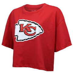 Kansas City Chiefs Patrick Mahomes Majestic Threads Women's Swarovski Crystals Boxy Cropped Name & Number T-Shirt