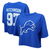 Detroit Lions Aidan Hutchinson Majestic Threads Women's Swarovski Crystals Boxy Cropped Name & Number T-Shirt