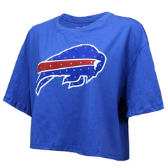 Buffalo Bills Josh Allen Majestic Threads Women's Swarovski Crystals Boxy Cropped Name & Number T-Shirt