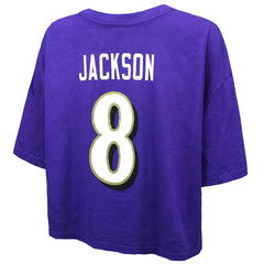 Baltimore Ravens Lamar Jackson Majestic Threads Women's Swarovski Crystals Boxy Cropped Name & Number T-Shirt