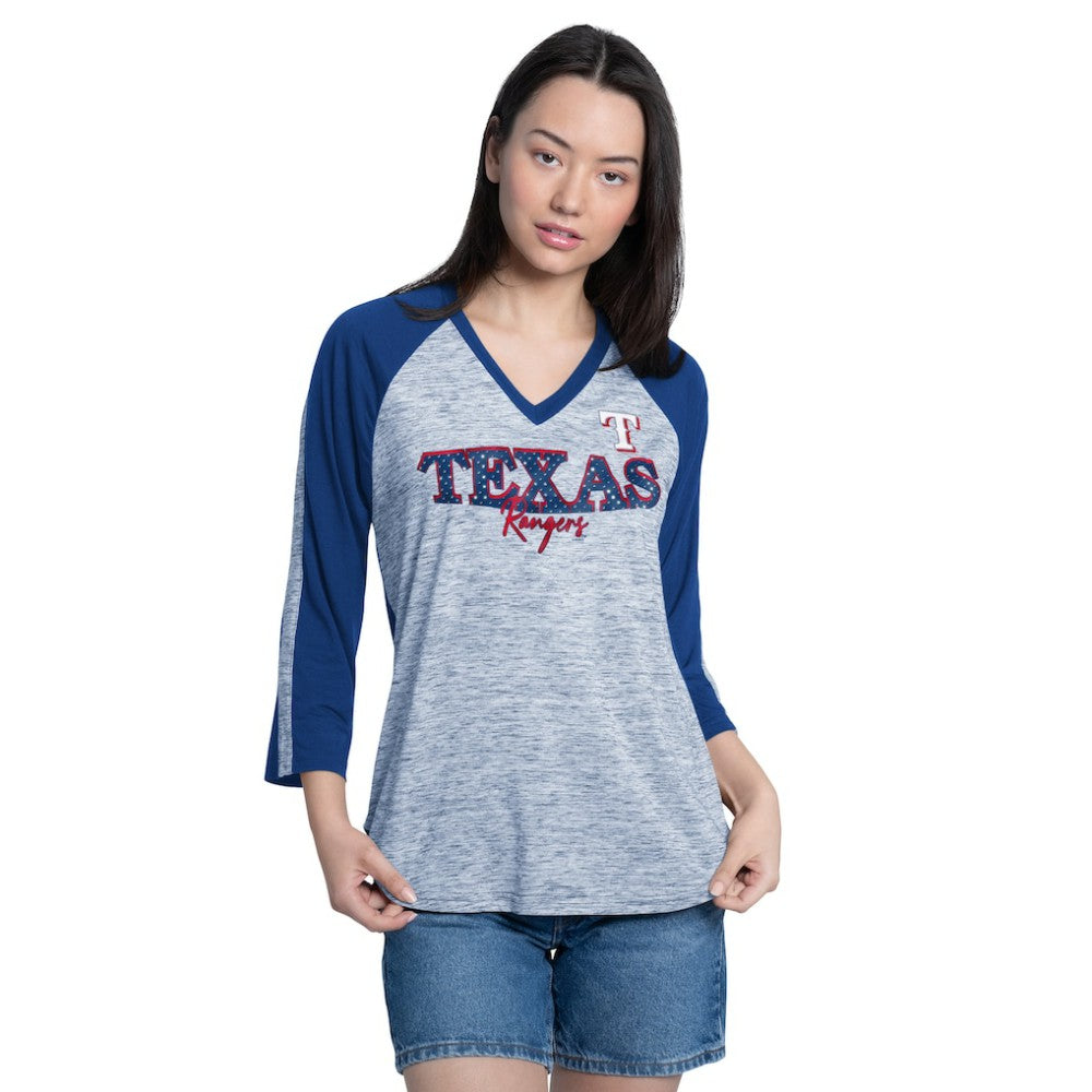 Texas Rangers G-III 4Her by Carl Banks Women's Speed Training 3/4-Sleeve Rhinestone V-Neck T-Shirt | MLB Sale