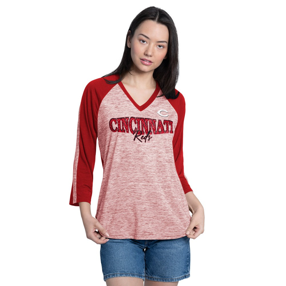 Cincinnati Reds G-III 4Her by Carl Banks Women's Speed Training 3/4-Sleeve Rhinestone V-Neck T-Shirt | MLB Online