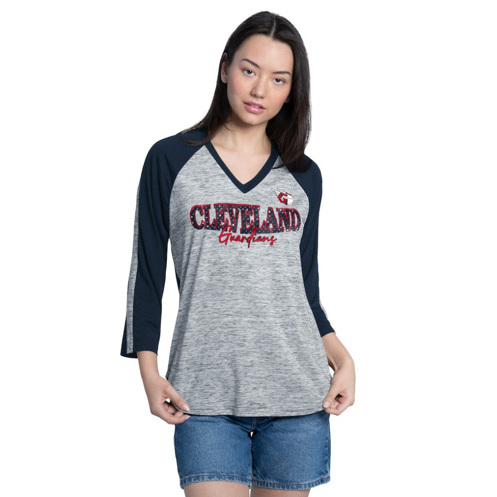 Cleveland Guardians G-III 4Her by Carl Banks Women's Speed Training 3/4-Sleeve Rhinestone V-Neck T-Shirt | MLB Online