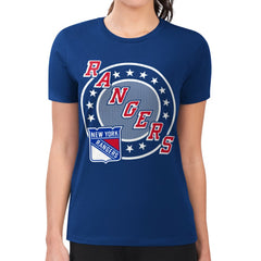 New York Rangers G-III 4Her by Carl Banks Women's Super-Slim Lightweight Pinstripe Circle Graphic T-Shirt For Sale