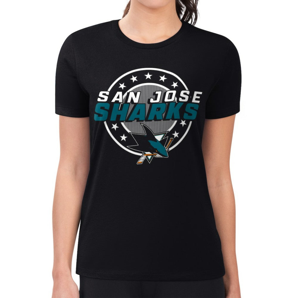 San Jose Sharks G-III 4Her by Carl Banks Women's Super-Slim Lightweight Pinstripe Circle Graphic T-Shirt For Sale
