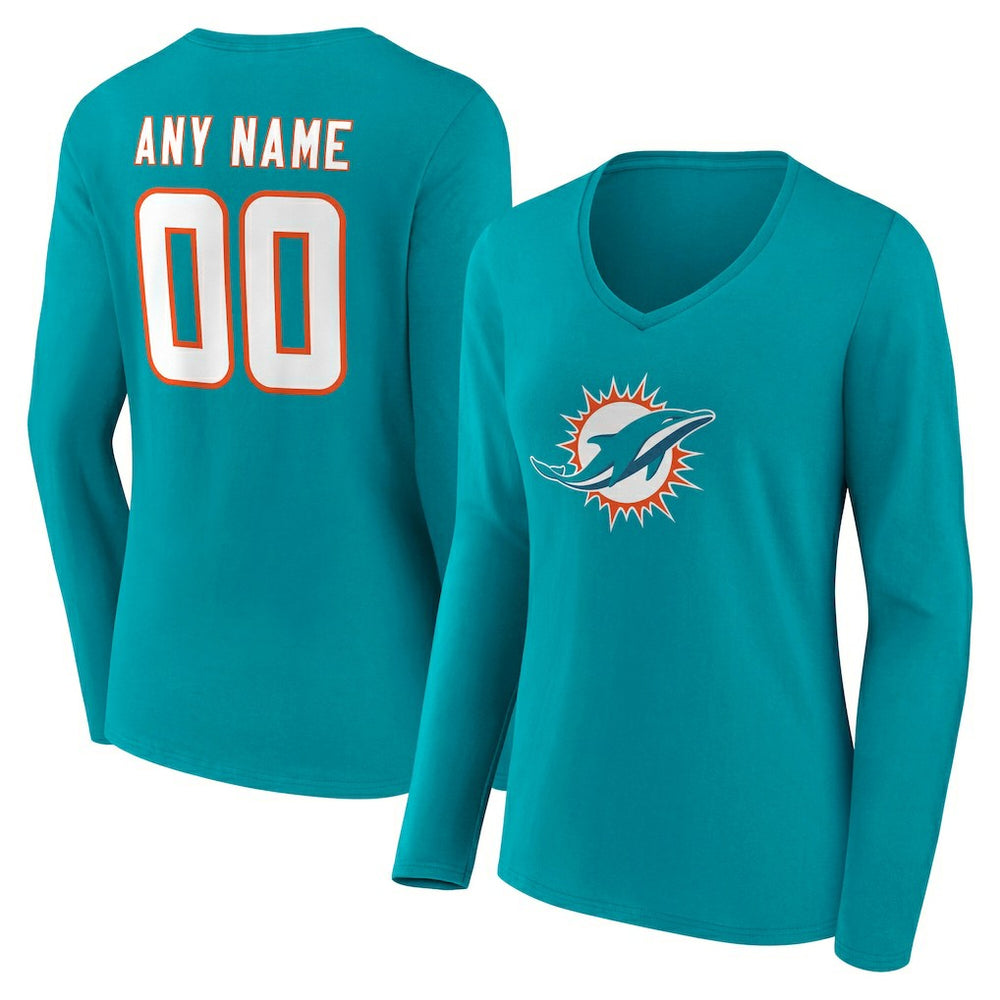 Miami Dolphins Women's Team Authentic Personalized Name & Number Long Sleeve V-Neck T-Shirt