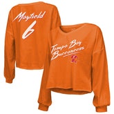 Tampa Bay Buccaneers Baker Mayfield Majestic Threads Women's Off-Shoulder Script Name & Number V-Neck T-Shirt