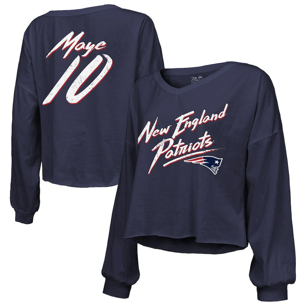 New England Patriots Drake Maye Majestic Threads Women's Off-Shoulder Script Name & Number V-Neck T-Shirt
