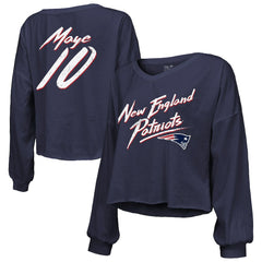 New England Patriots Drake Maye Majestic Threads Women's Off-Shoulder Script Name & Number V-Neck T-Shirt