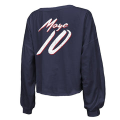 New England Patriots Drake Maye Majestic Threads Women's Off-Shoulder Script Name & Number V-Neck T-Shirt