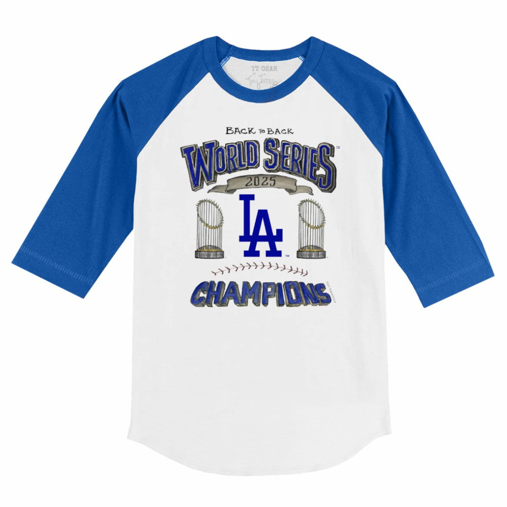 Los Angeles Dodgers Tiny Turnip Youth 2025 World Series Champions 3/4-Sleeve Raglan Baseball T-Shirt | MLB For sale
