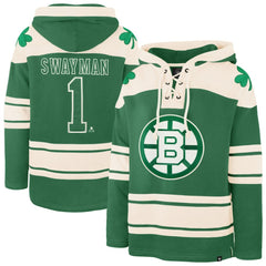 Jeremy Swayman Boston Bruins '47 St. Patrick's Day Player Name & Number Lacer Pullover Hoodie Discount
