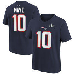 New England Patriots Nike Drake Maye Youth Super Bowl LX Patch Name & Number T-Shirt