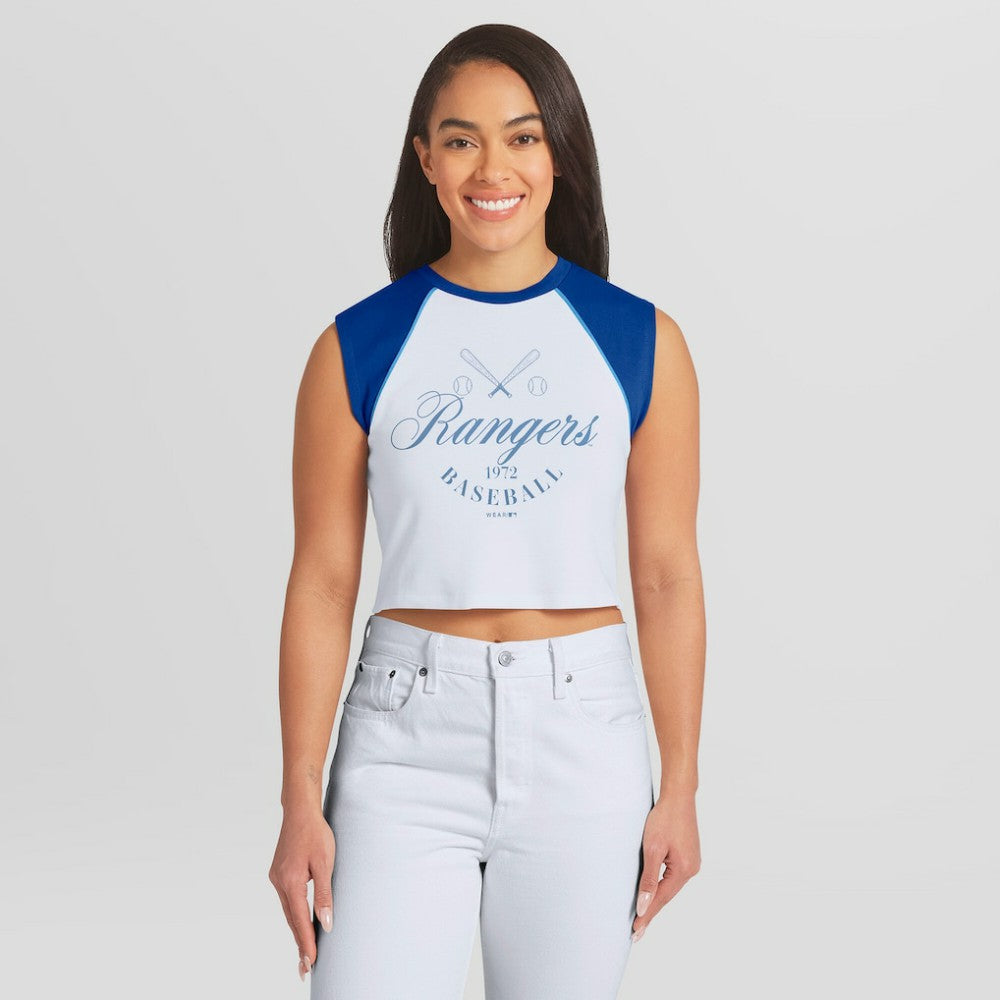 Texas Rangers WEAR by Erin Andrews Women's Cooperstown Cropped Raglan Tank Top | MLB Outlet