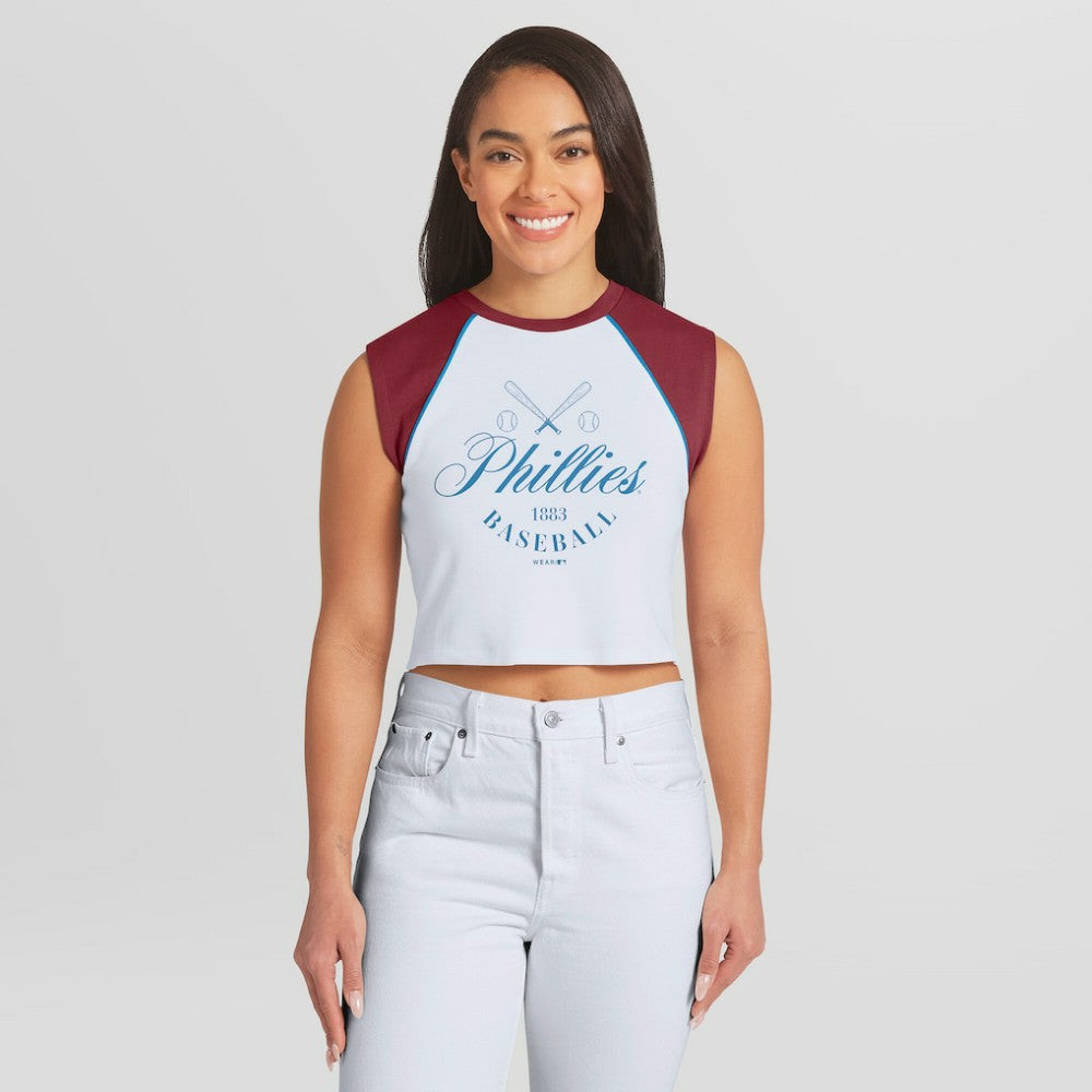 Philadelphia Phillies WEAR by Erin Andrews Women's Cooperstown Cropped Raglan Tank Top | MLB Discount