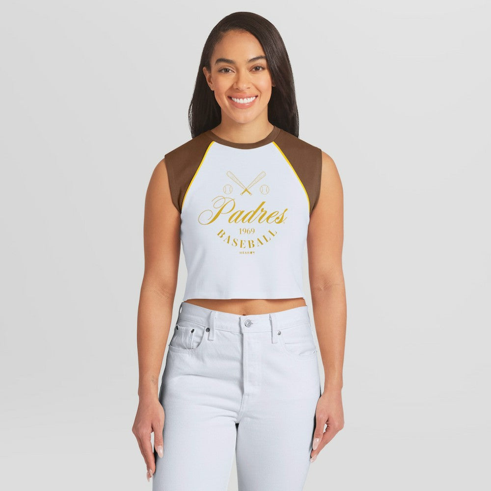 San Diego Padres WEAR by Erin Andrews Women's Cooperstown Cropped Raglan Tank Top | MLB US
