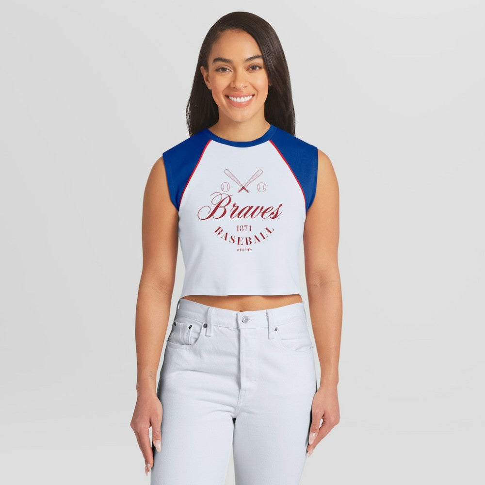 Atlanta Braves WEAR by Erin Andrews Women's Cooperstown Cropped Raglan Tank Top | MLB For sale