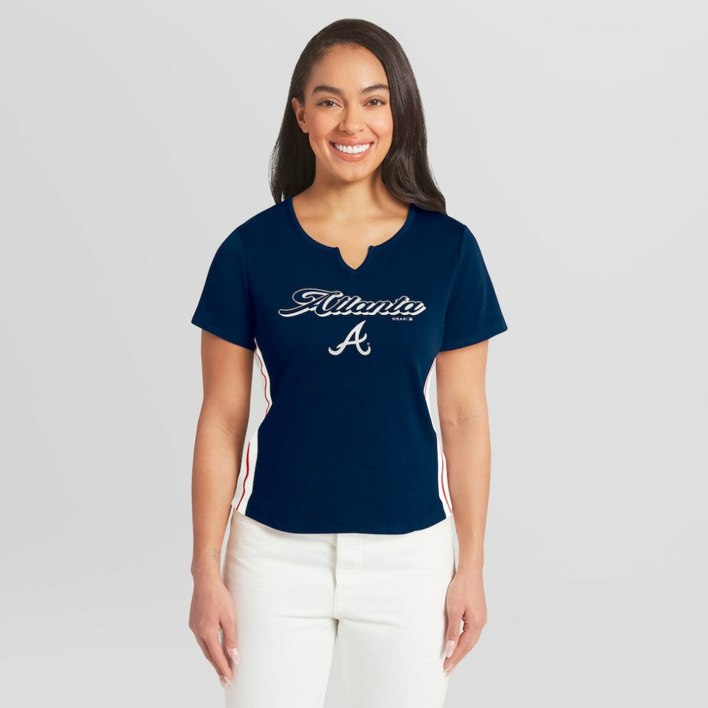 Atlanta Braves WEAR by Erin Andrews Women's Notch Neck Cropped T-Shirt | MLB On Sale
