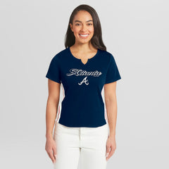 Atlanta Braves WEAR by Erin Andrews Women's Notch Neck Cropped T-Shirt | MLB On Sale