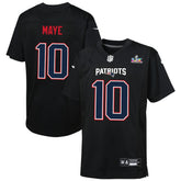 New England Patriots Nike Drake Maye Youth Super Bowl LX Patch Carbon Fashion Game Jersey
