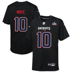 New England Patriots Nike Drake Maye Youth Super Bowl LX Patch Carbon Fashion Game Jersey