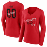 Cincinnati Reds Women's Hustle Personalized Name & Number Long Sleeve V-Neck T-Shirt | MLB On Sale