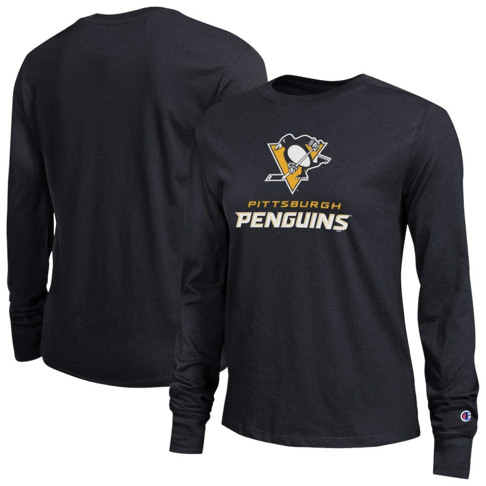 Pittsburgh Penguins Champion Women's Wordmark Lockup Long Sleeve T-Shirt Discount