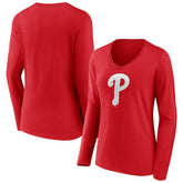 Philadelphia Phillies Women's Team Color Primary Logo V-Neck Long Sleeve T-Shirt | MLB Discount