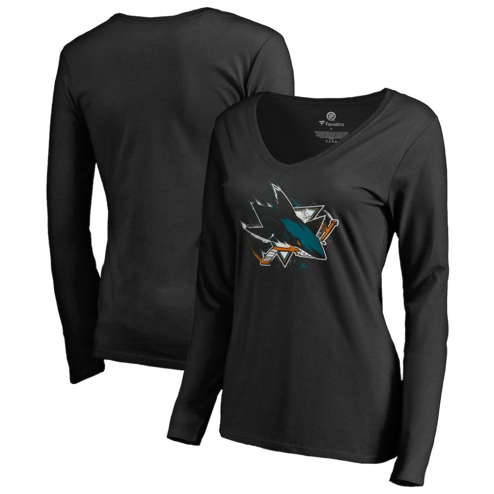 San Jose Sharks Women's Splatter Logo V-Neck Long Sleeve T-Shirt For Sale