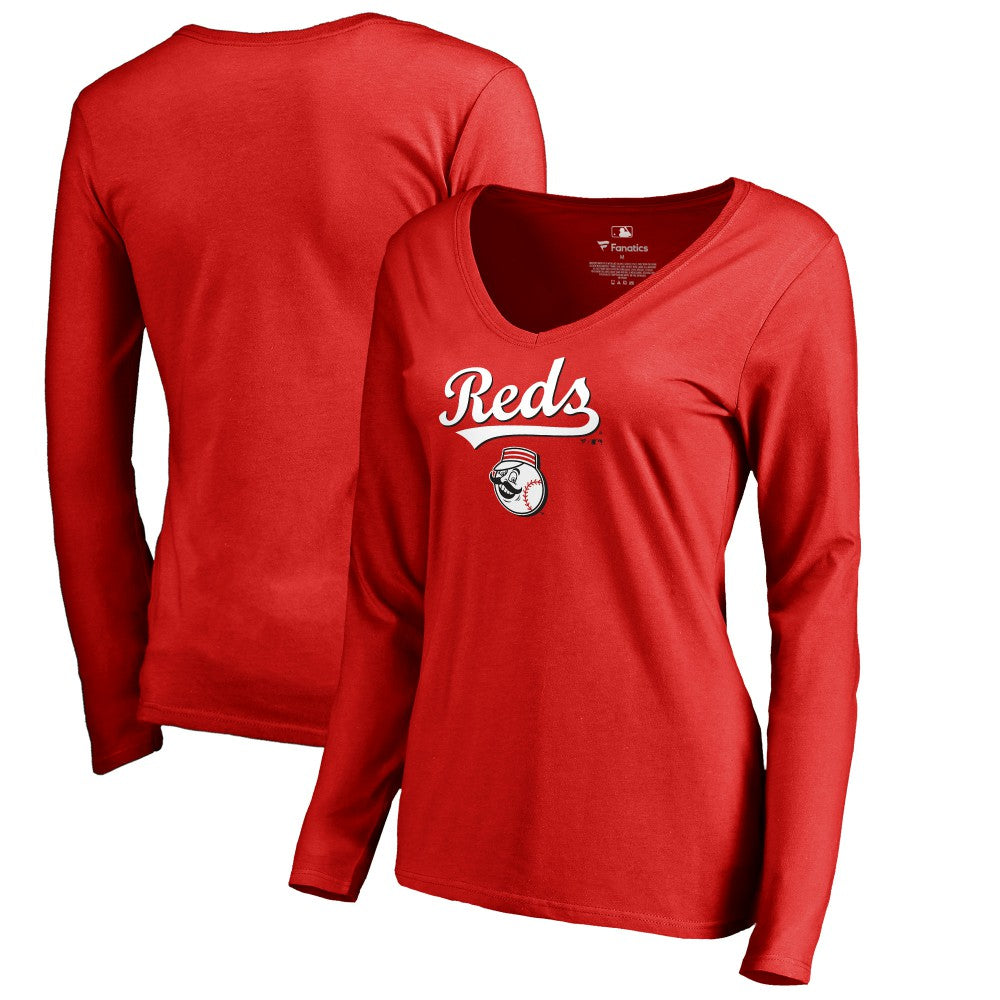 Cincinnati Reds Women's Team Lockup Slim Fit Long Sleeve V-Neck T-Shirt | MLB For sale