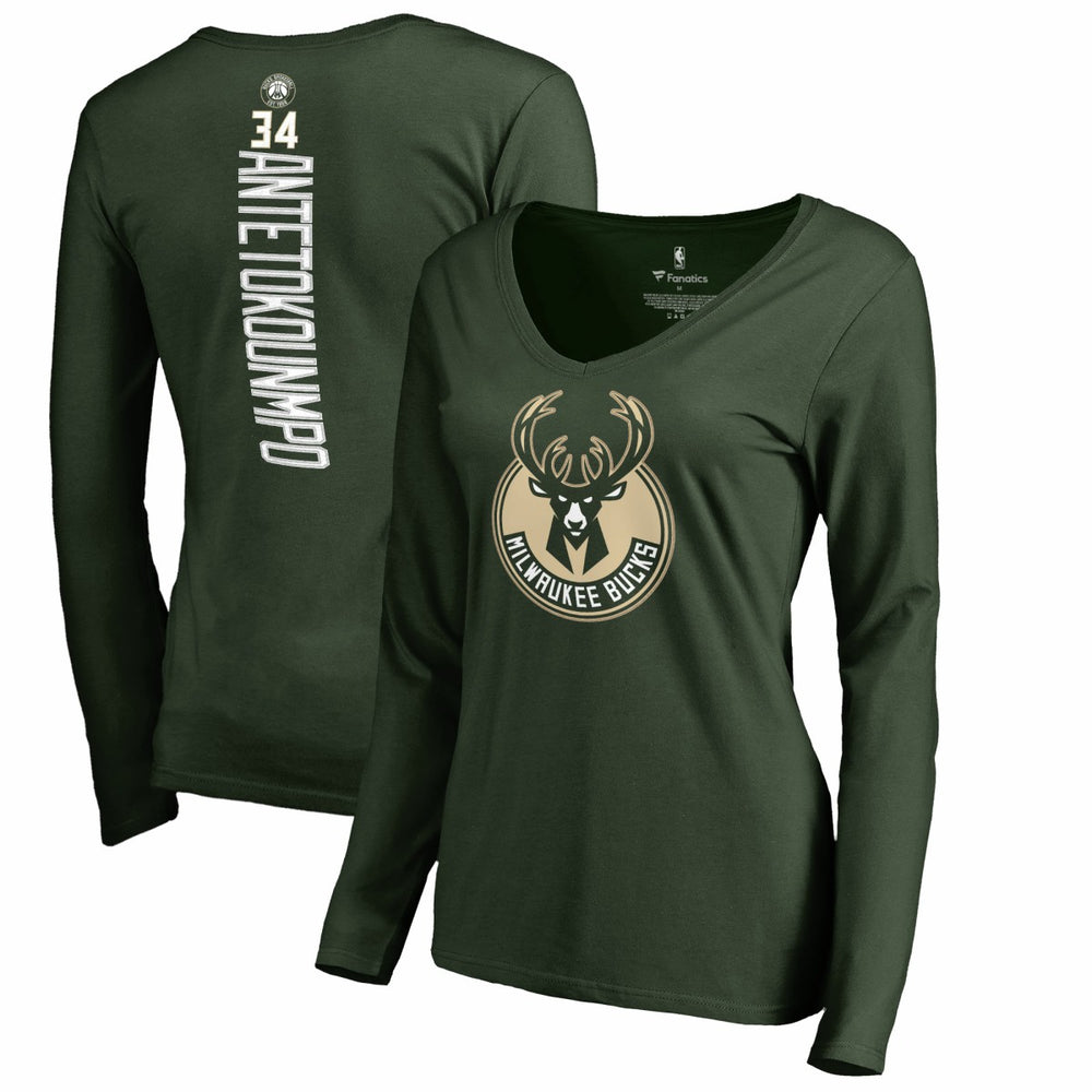 Giannis Antetokounmpo Milwaukee Bucks Women's Team Backer Name & Number Long Sleeve V-Neck T-Shirt Online
