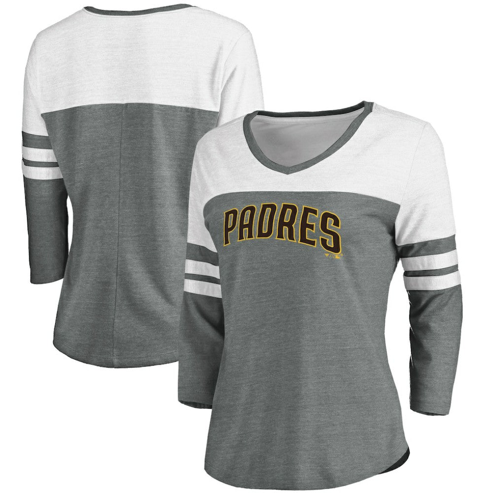 San Diego Padres Fanatics Women's Official Wordmark 3/4 Sleeve V-Neck T-Shirt | MLB Sale