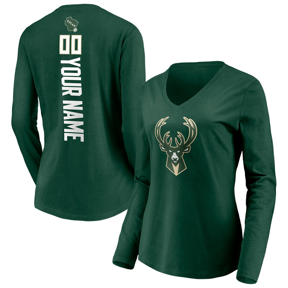 Milwaukee Bucks Women's Playmaker Personalized Name & Number Long Sleeve V-Neck T-Shirt Discount