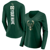 Milwaukee Bucks Women's Playmaker Personalized Name & Number Long Sleeve V-Neck T-Shirt Discount