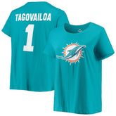Miami Dolphins Tua Tagovailoa Women's Plus Size Fair Catch Name & Number Scoop Neck T-Shirt