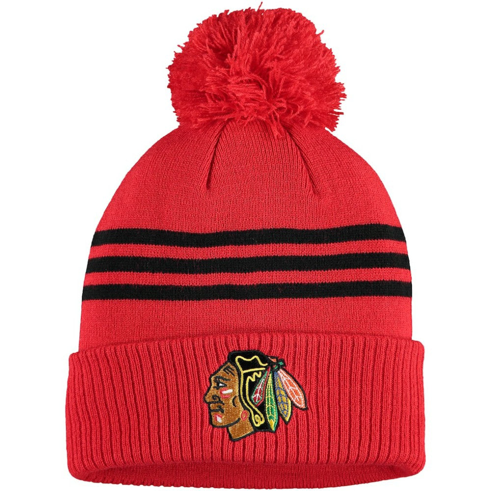 Chicago Blackhawks adidas Locker Room Three Stripe Cuffed Knit Hat with Pom On Sale