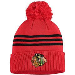 Chicago Blackhawks adidas Locker Room Three Stripe Cuffed Knit Hat with Pom On Sale