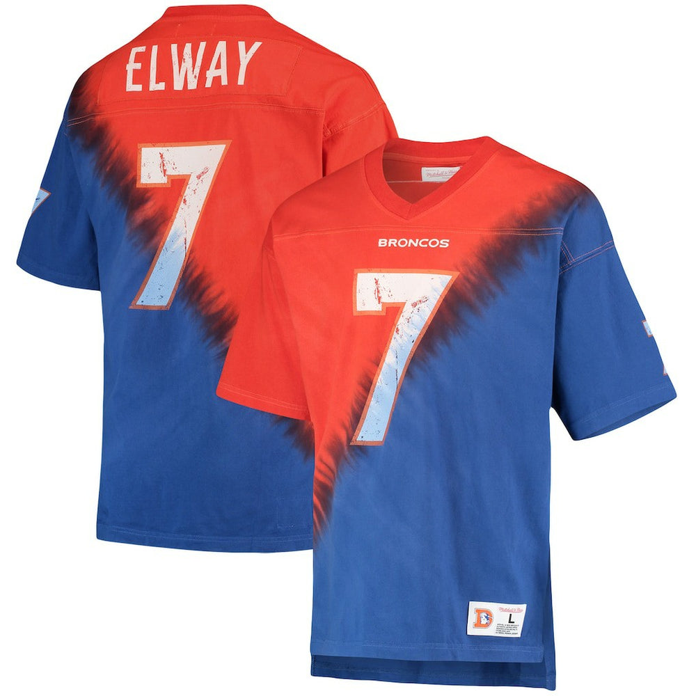 Denver Broncos Mitchell & Ness John Elway Retired Player Name & Number Diagonal Tie-Dye V-Neck T-Shirt