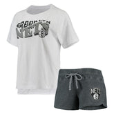 Brooklyn Nets Concepts Sport Women's Resurgence Slub Burnout Raglan Top & Shorts Sleep Set New