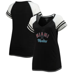 Miami Marlins Soft as a Grape Women's Curvy Color Block Tri-Blend Raglan V-Neck T-Shirt | MLB Discount
