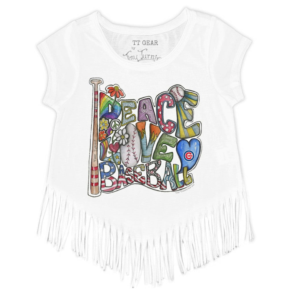 Chicago Cubs Tiny Turnip Girls Youth Peace Love Baseball Fringe T-Shirt | MLB For sale